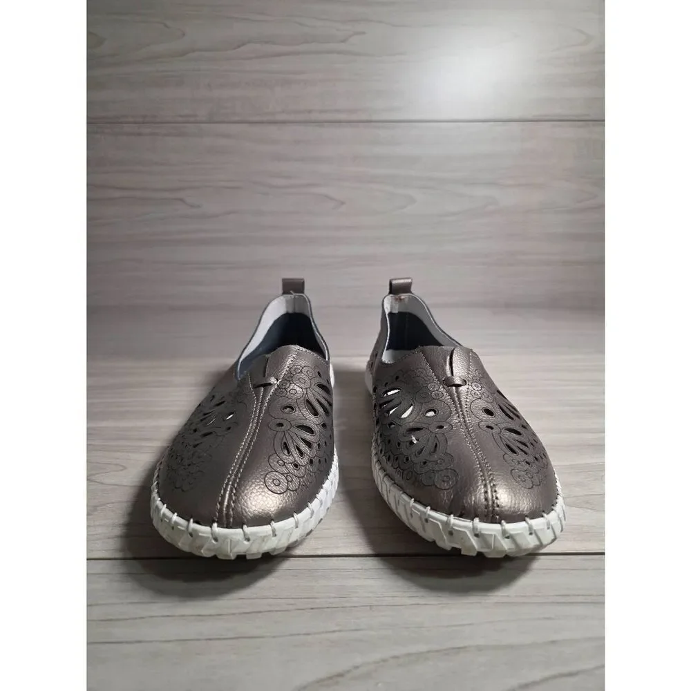 ​Spring Step Mirtha Pewter Metallic Leather Laser Cut Flats - Size 7